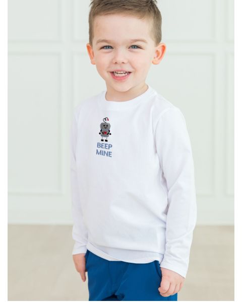 Beep Mine Embroidered White Long Sleeve Basic Tee