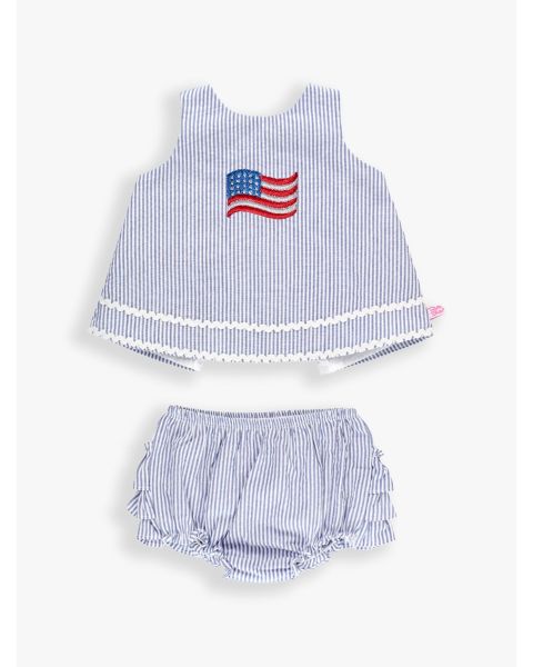 Red USA Embroidered Americana Seersucker Ric Rac Swing Top and Bloomer Set