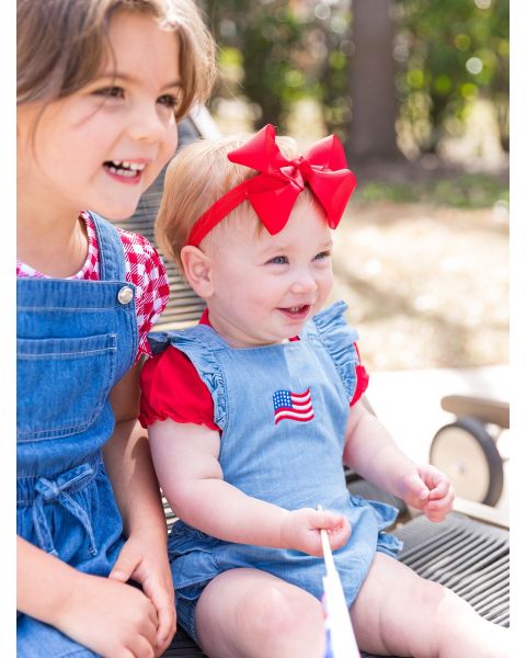 American Flag Embroidered Light Wash Flutter Overall Romper