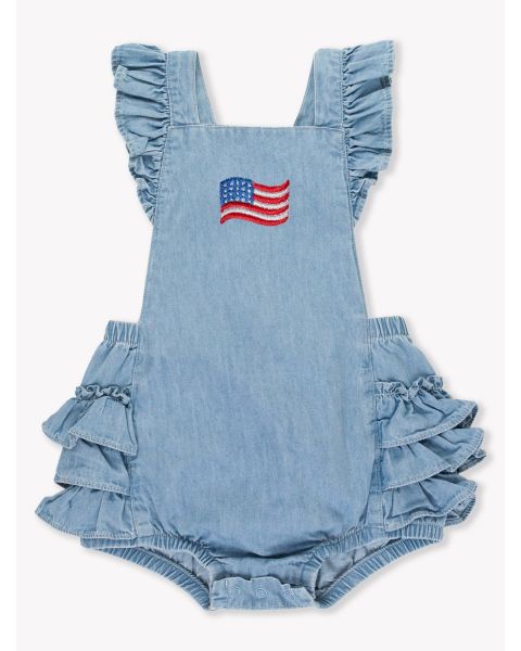 American Flag Embroidered Light Wash Flutter Overall Romper