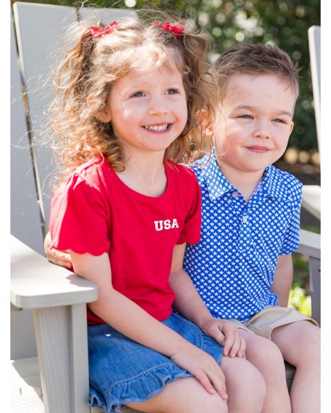 White USA Embroidered Red Short Sleeve Scallop Tee