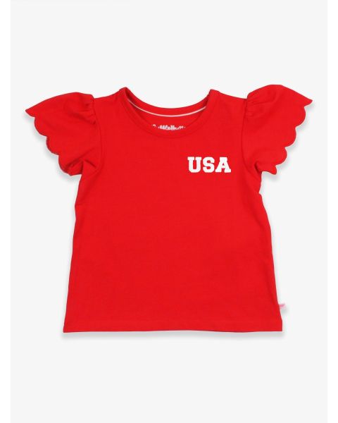 White USA Embroidered Red Short Sleeve Scallop Tee