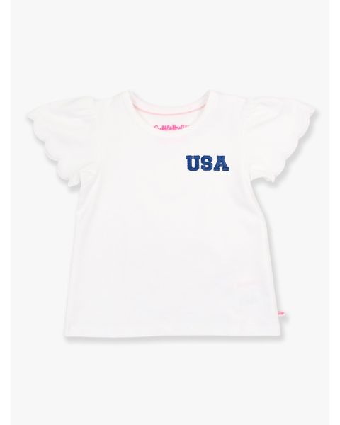Blue USA Embroidered White Short Sleeve Scallop Tee