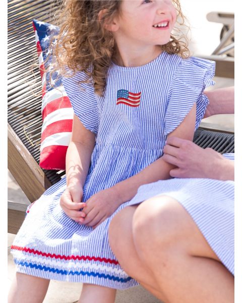 American Flag Embroidered Blue Seersucker Woven Butterfly Sleeve Bow Dress