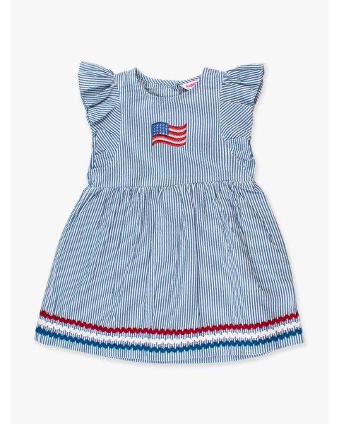 American Flag Embroidered Blue Seersucker Woven Butterfly Sleeve Bow Dress