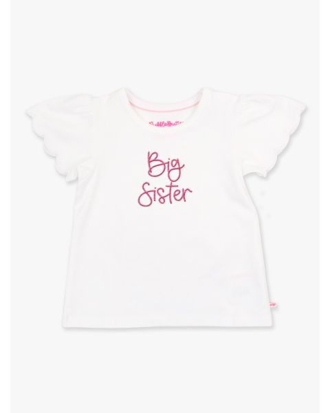 Hot Pink Big Sister Embroidered White Short Sleeve Scallop Tee