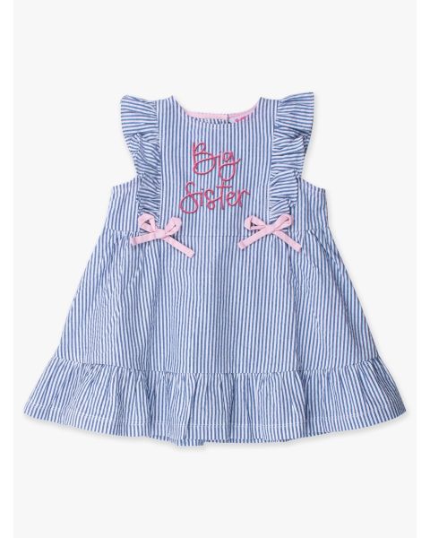 Hot Pink Big Sister Embroidered Classic Blue Seersucker Sleeveless Pinafore Bow Dress