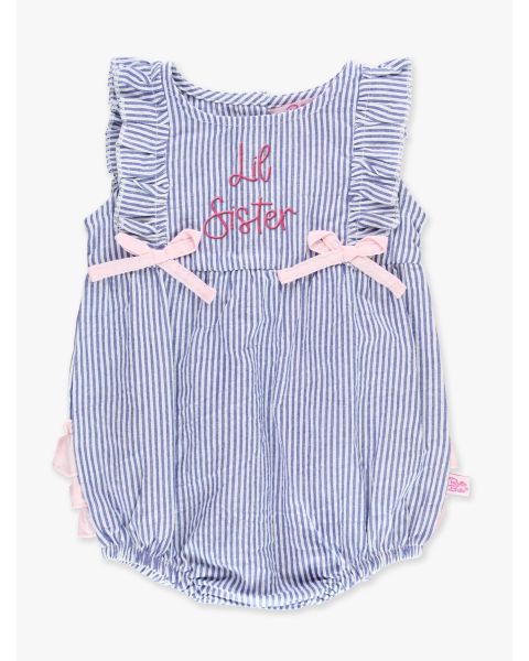 Hot Pink Lil Sister Embroidered Classic Blue Seersucker Ruffle Romper
