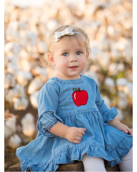 Red Apple Embroidered Light Wash Stretch Denim High Low Ruffle Tunic