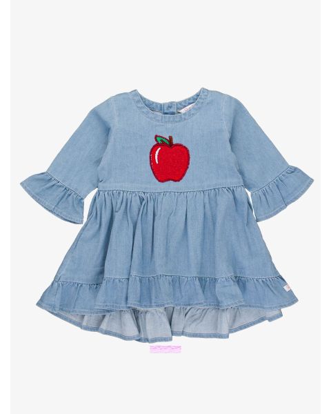 Red Apple Embroidered Light Wash Stretch Denim High Low Ruffle Tunic