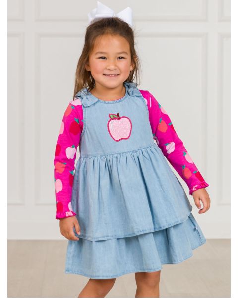 Pink Apple Embroidered Light Wash Woven Bow Jumper Dress