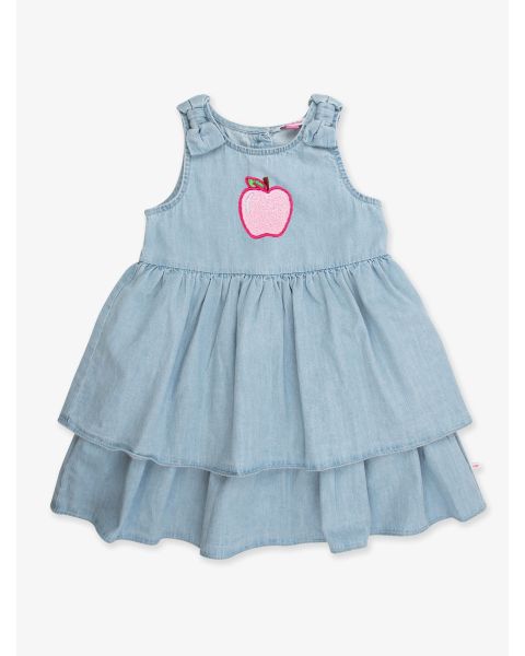 Pink Apple Embroidered Light Wash Woven Bow Jumper Dress