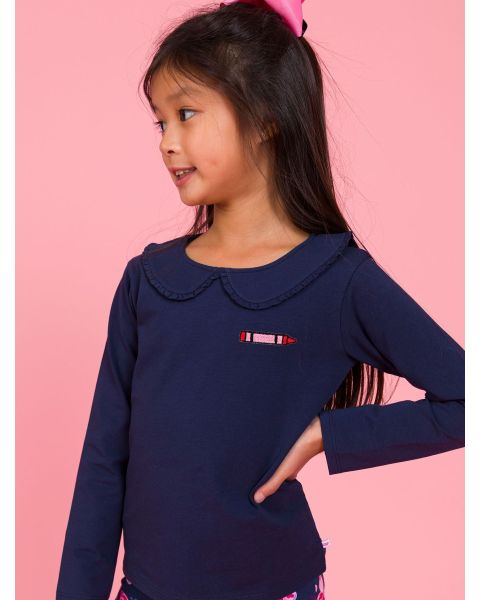 Crayon Embroidered Dark Navy Knit Long Sleeve Ruffle Peter Pan Tee
