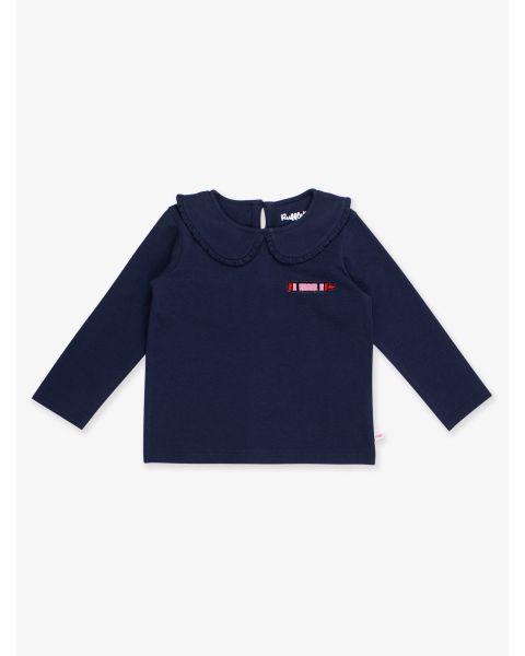 Crayon Embroidered Dark Navy Knit Long Sleeve Ruffle Peter Pan Tee