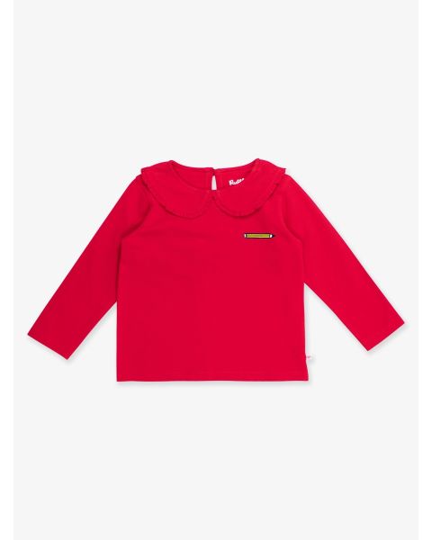 Pencil Embroidered Red Knit Long Sleeve Ruffle Peter Pan Tee