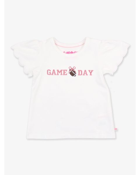 Bubblegum Pink Football Bow Game Day Embroidered White Short Sleeve Scallop Tee