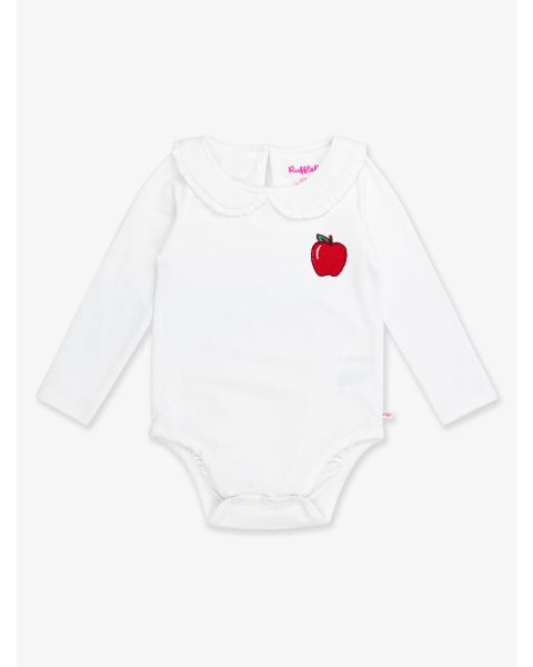 Red Apple Embroidered White Knit Long Sleeve Ruffle Peter Pan Bodysuit
