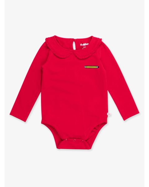 Pencil Embroidered Red Knit Long Sleeve Ruffle Peter Pan Bodysuit