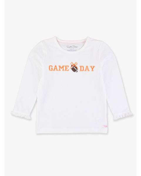 Tangerine Football Bow Game Day Embroidered White Knit Long Sleeve Ruffle Layering Tee