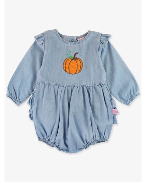 Pumpkin Embroidered Light Wash Long Sleeve Flutter Bubble Romper