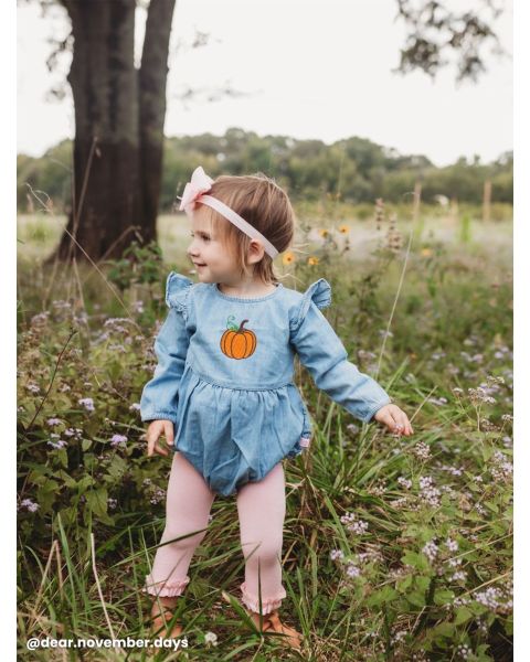 Pumpkin Embroidered Light Wash Long Sleeve Flutter Bubble Romper
