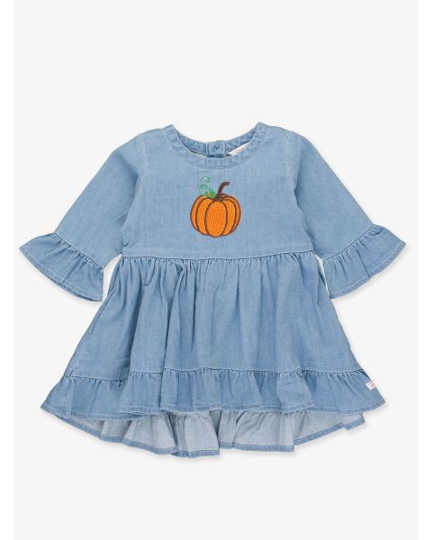 Pumpkin Embroidered Light Wash Stretch Denim High Low Ruffle Tunic