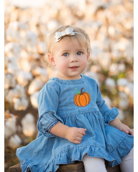 Pumpkin Embroidered Light Wash Stretch Denim High Low Ruffle Tunic