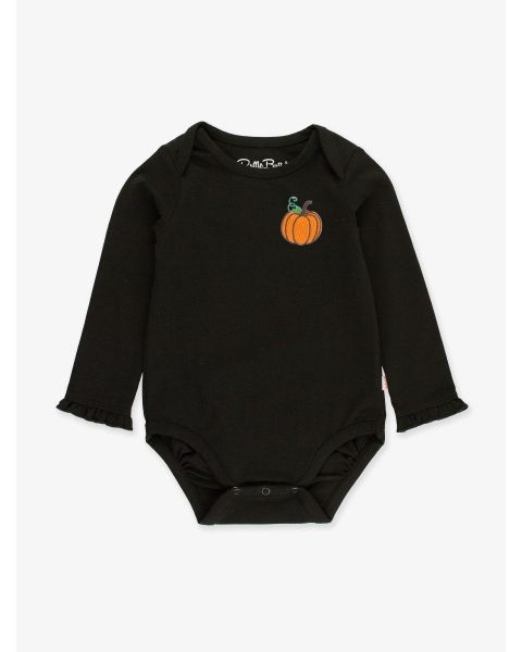 Pumpkin Embroidered Black Knit Long Sleeve Ruffle Layering Bodysuit