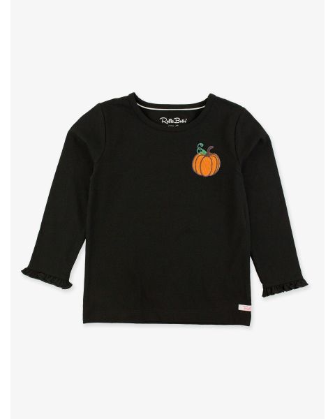 Pumpkin Embroidered Black Knit Long Sleeve Ruffle Layering Tee