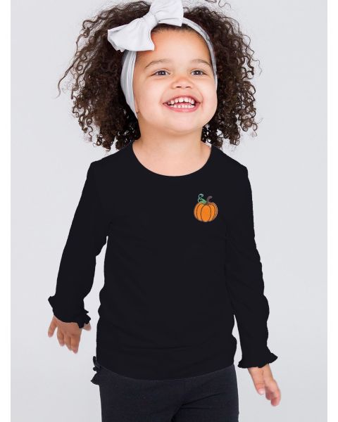 Pumpkin Embroidered Black Knit Long Sleeve Ruffle Layering Tee