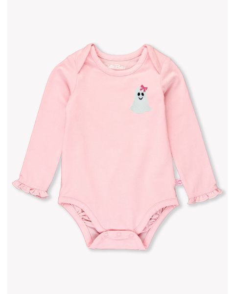 Glow-in-the-Dark Ghost Embroidered Pink Knit Long Sleeve Ruffle Layering Bodysuit