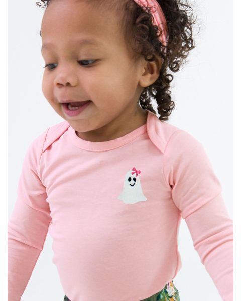 Glow-in-the-Dark Ghost Embroidered Pink Knit Long Sleeve Ruffle Layering Bodysuit