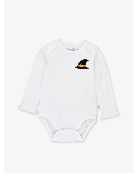 Witch Hat Embroidered White Knit Long Sleeve Ruffle Layering Bodysuit