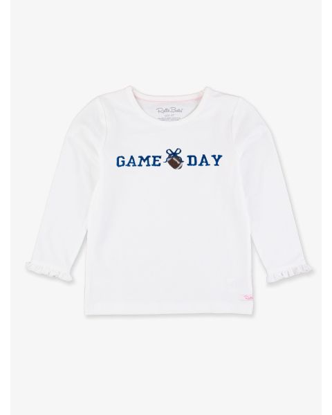 Sapphire Football Bow Game Day Embroidered White Knit Long Sleeve Ruffle Layering Tee
