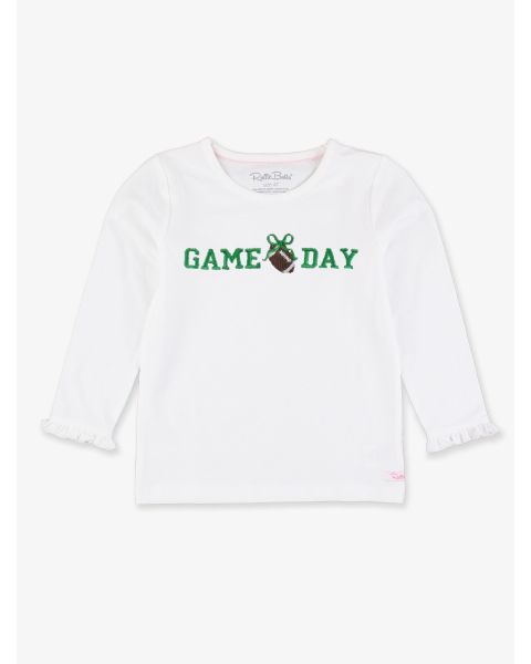 Kelly Green Football Bow Game Day Embroidered White Knit Long Sleeve Ruffle Layering Tee