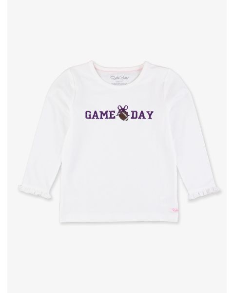 Purple Football Bow Game Day Embroidered White Knit Long Sleeve Ruffle Layering Tee