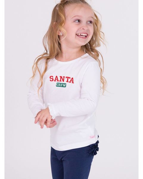Santa Crew Embroidered White Knit Long Sleeve Ruffle Layering Tee