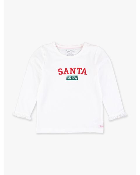 Santa Crew Embroidered White Knit Long Sleeve Ruffle Layering Tee