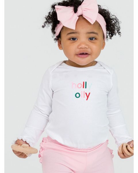 holly jolly Embroidered White Knit Long Sleeve Ruffle Layering Bodysuit