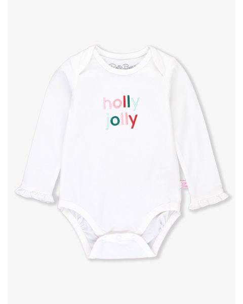 holly jolly Embroidered White Knit Long Sleeve Ruffle Layering Bodysuit