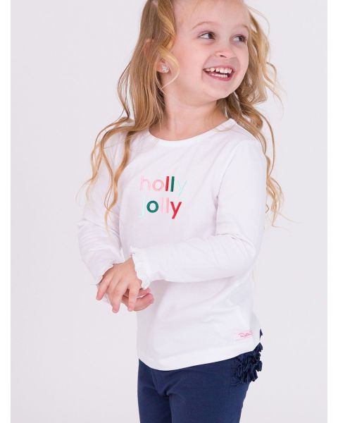 holly jolly Embroidered White Knit Long Sleeve Ruffle Layering Tee