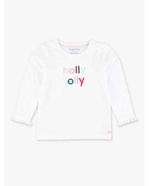 holly jolly Embroidered White Knit Long Sleeve Ruffle Layering Tee
