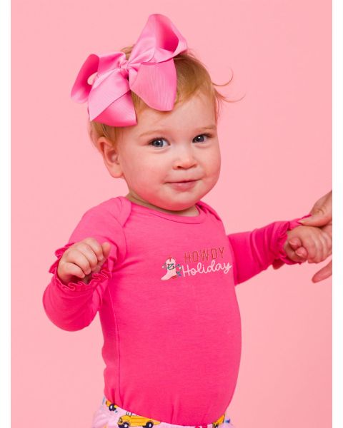 Howdy Holiday Embroidered Hot Pink Knit Long Sleeve Ruffle Layering Bodysuit
