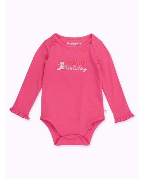 Howdy Holiday Embroidered Hot Pink Knit Long Sleeve Ruffle Layering Bodysuit