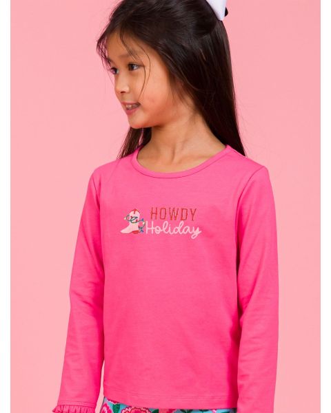 Howdy Holiday Embroidered Hot Pink Knit Long Sleeve Ruffle Layering Tee