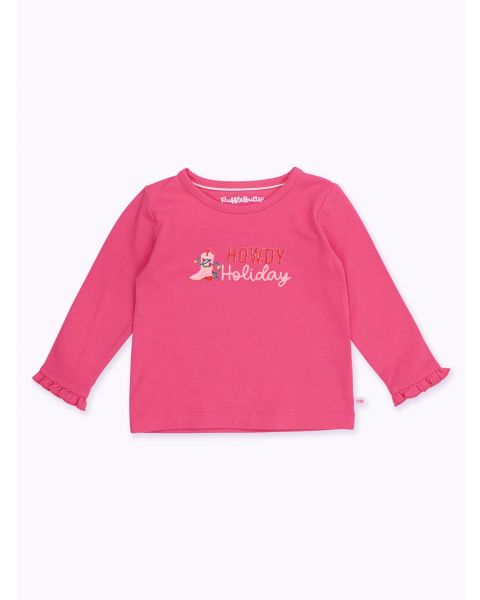 Howdy Holiday Embroidered Hot Pink Knit Long Sleeve Ruffle Layering Tee