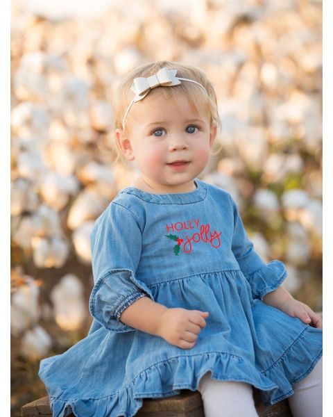 Jolly  Embroidered Light Wash Stretch Denim High Low Ruffle Tunic