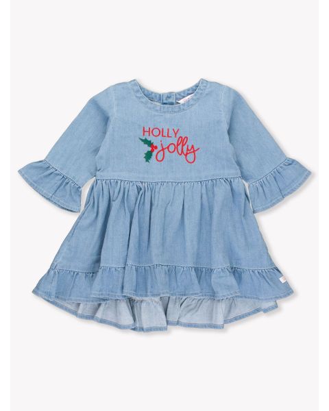 Jolly  Embroidered Light Wash Stretch Denim High Low Ruffle Tunic