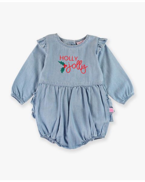 Jolly  Embroidered Light Wash Long Sleeve Flutter Bubble Romper