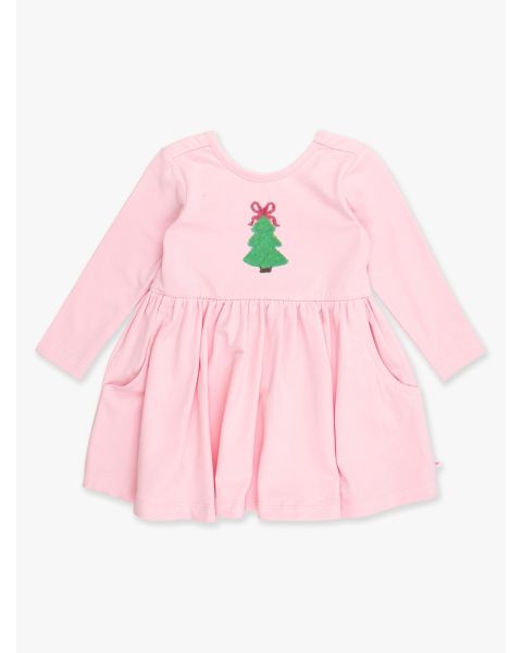 Christmas Tree Embroidered Pink Knit Long Sleeve Twirl Dress